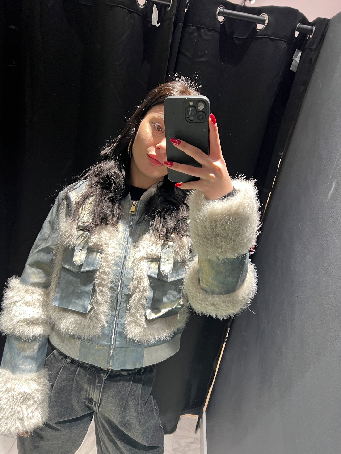 Bomber con pelliccia celeste