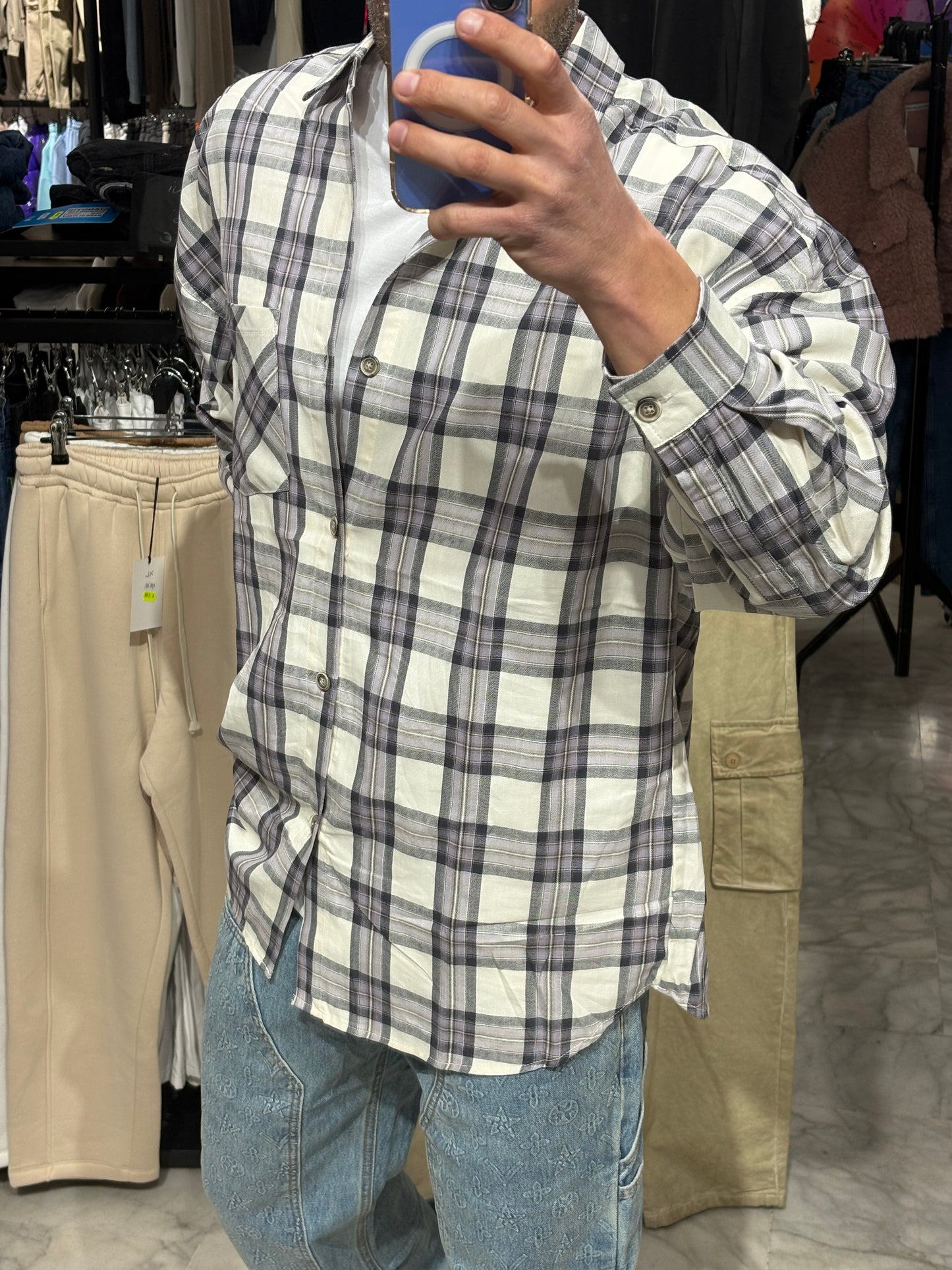 Camicia a quadri grigia e panna