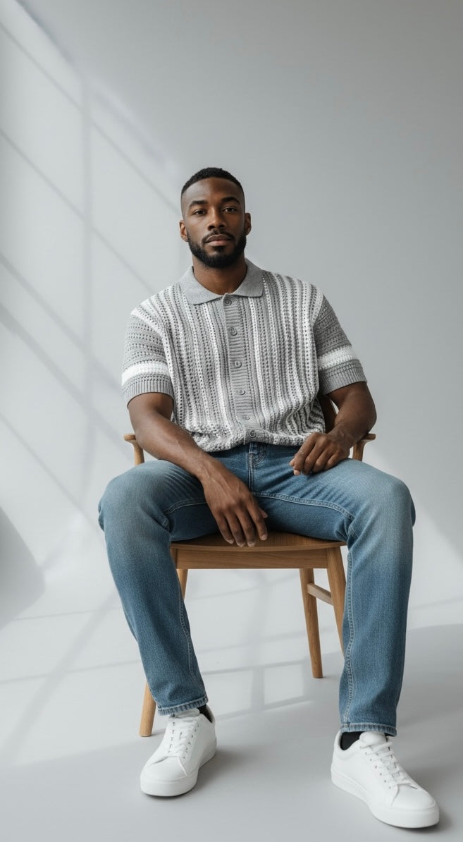 Cardigan grigio e bianco