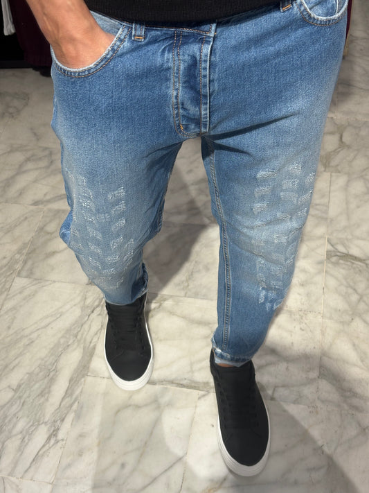 Jeans loose fit con abrasioni col.denim